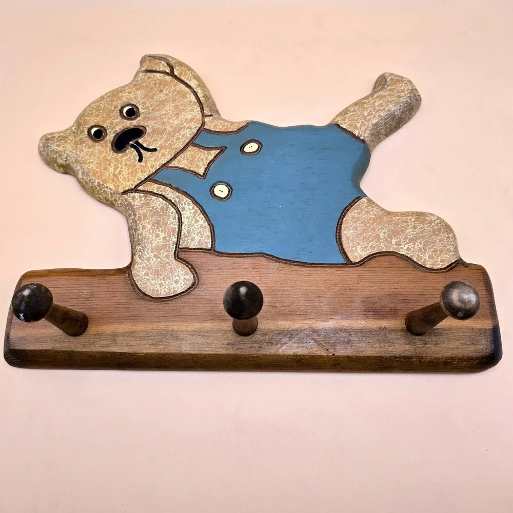 Vintage Wooden Teddy Bear Wall Hook Rack Kids Decor Blue Overalls 3 Pegs‎